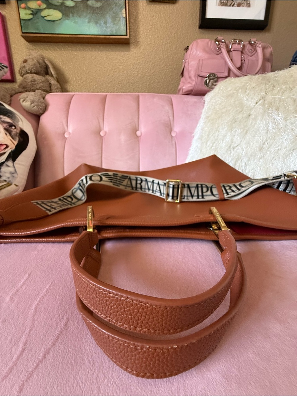 💯Auth! Emporio Armani Saddle Brown Leather Bag Tote Branded Strap Gold Hardware - Picture 15 of 16